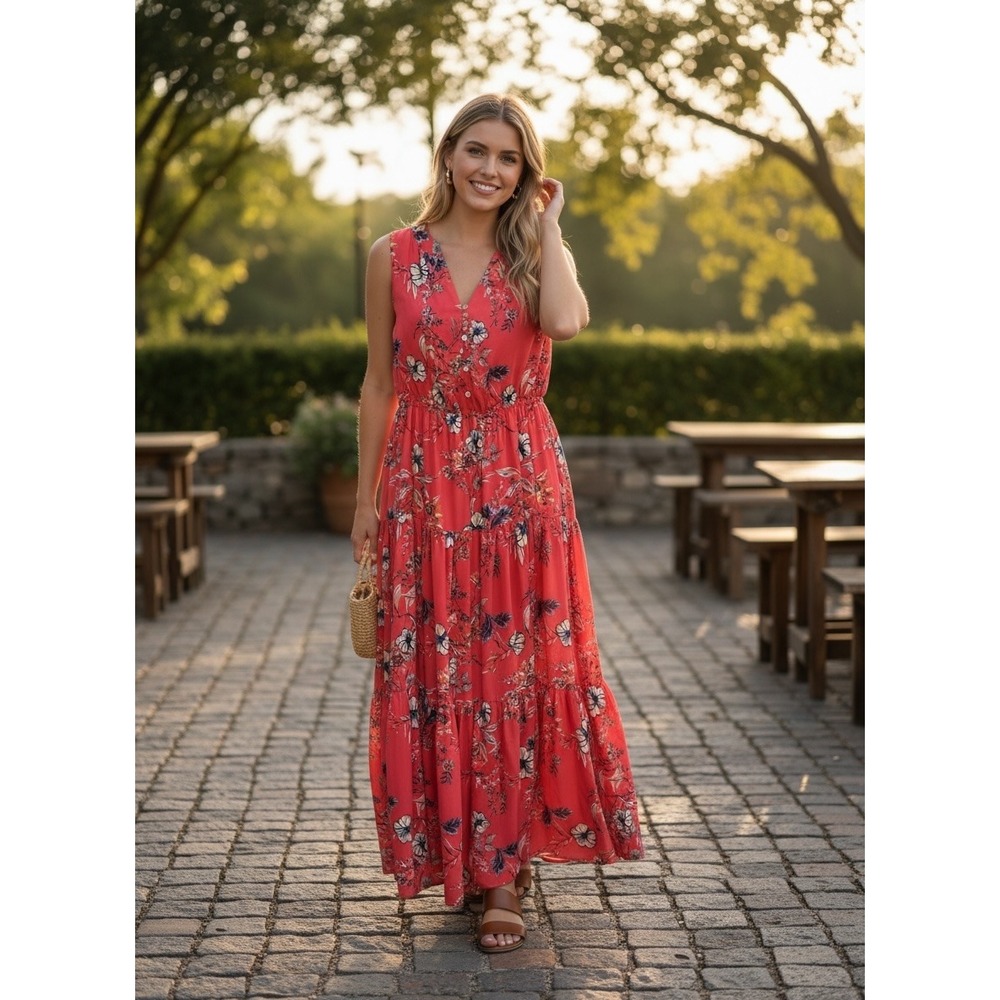 DR2 Daniel Rainn Pink Floral Tiered Maxi Dress Sleeveless V-Neck Coral Small